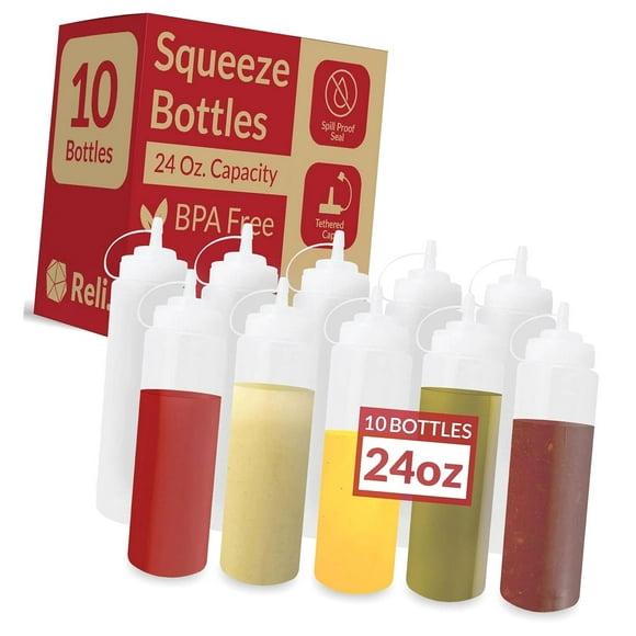 SKYSONIC Reli. Plastic Squeeze Bottles, 24 oz. | 10 Pack | Condiment Squeeze Bottles for Sauces | Clear w/Tethered Caps | 24 Ounce Hot Sauce, Ketchup | Condiments, Olive Oil, Liquids
