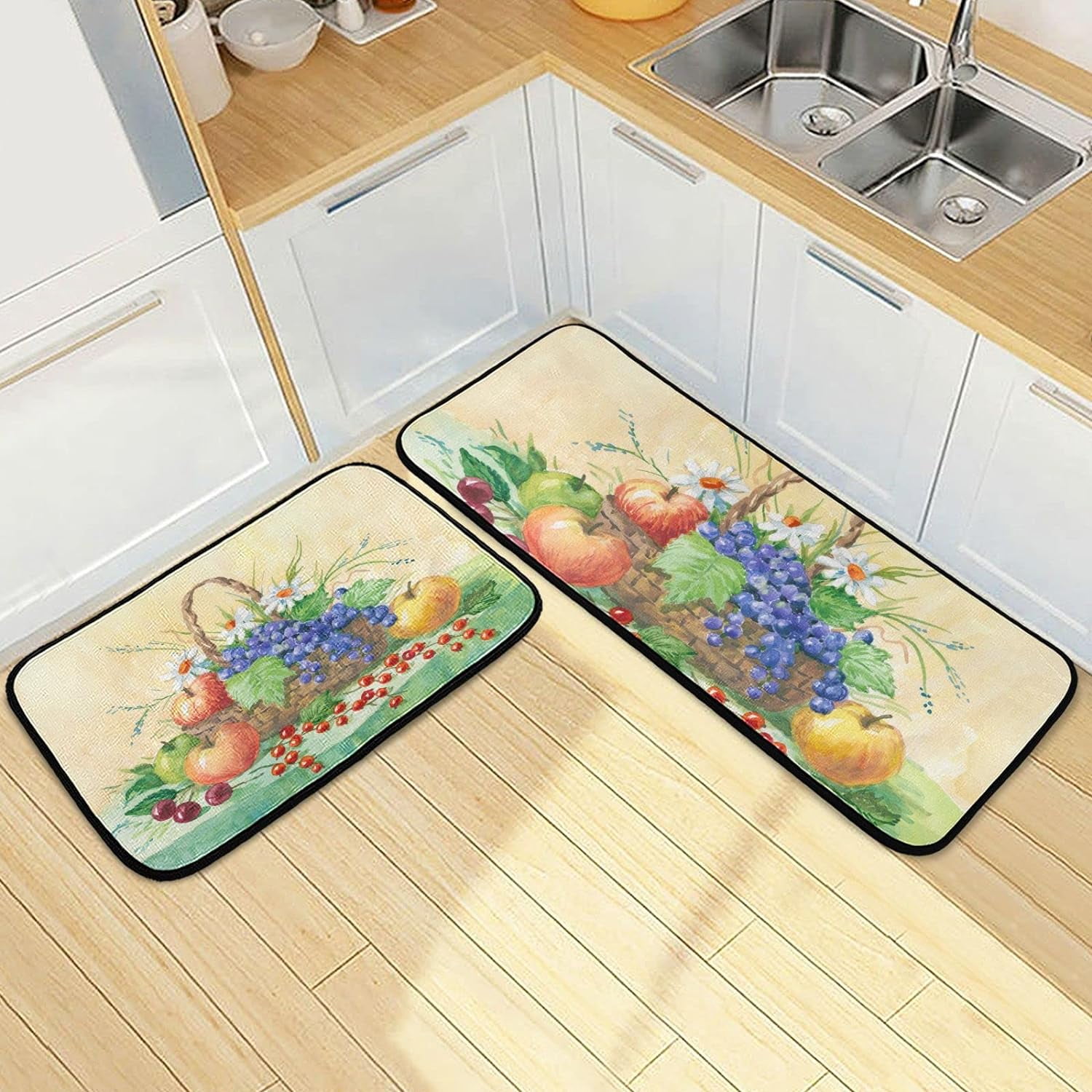 SKYSONIC Retro Apples Grapes Floral Kitchen Rugs 2 Pieces, Autumn