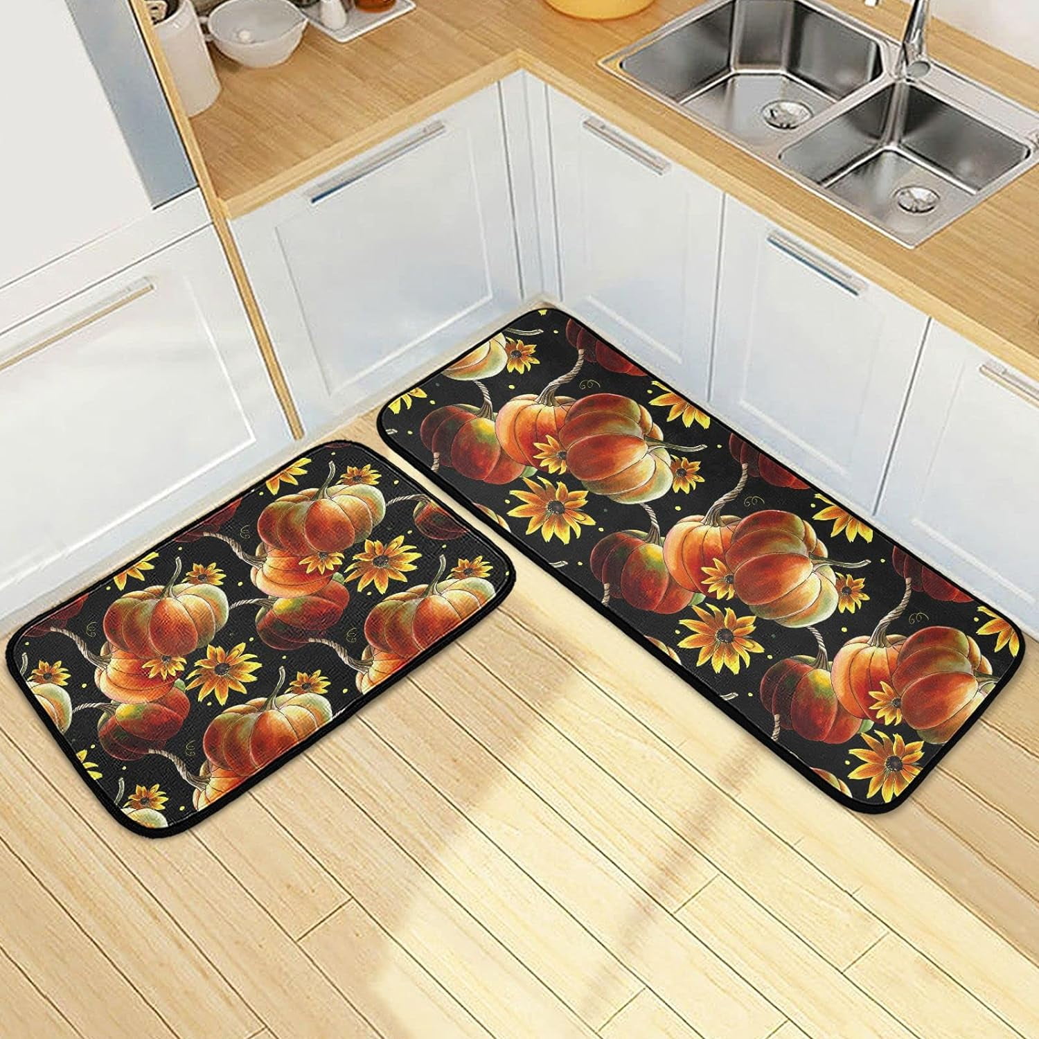 SKYSONIC Retro Autumn Pumkins Kitchen Rugs Set of 2, Fall Yellow ...