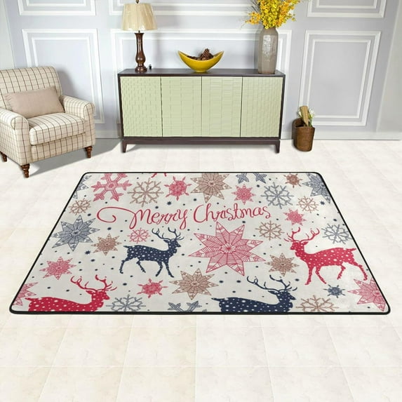 SKYSONIC Retro Christmas Deers Non-Slip Area Rug, Ethnic Snowflakes Floor Carpet Comfort Floor Mats Decor for Indoor Front Porch Living Room Bedroom Kitchen, 36"x24"