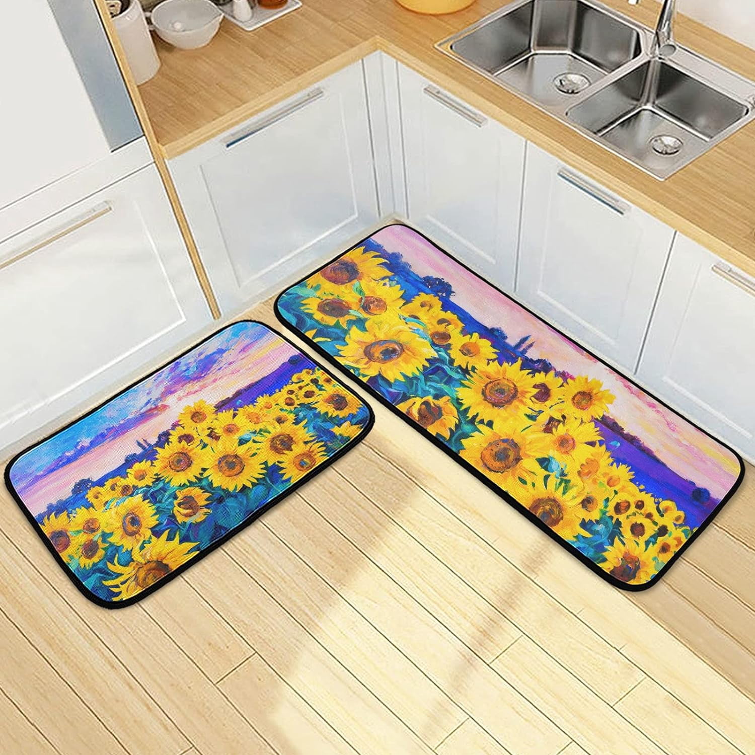 Sunflower Rugs For Kitchen SKYSONIC Retro Sunflower Field Kitchen Mats and Rugs Oil Painting ...