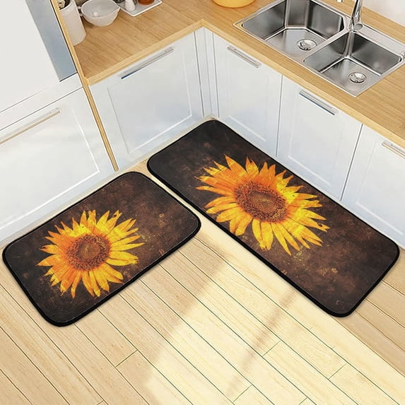 SKYSONIC Retro Sunflower Kitchen Mats and Rugs Art Vintage Floor Runner Area Rug Washable Carpet Perfect for Living Room Bedroom Entryway,19.7"x27.6"+19.7"x47.2"