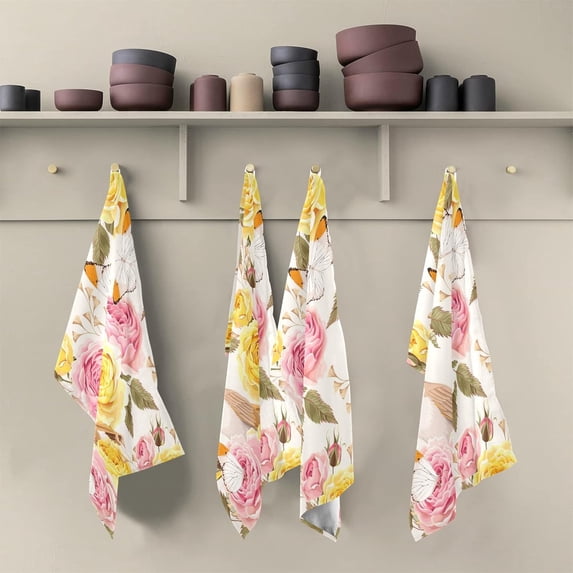 SKYSONIC Roses and Birds Kitchen Dish Towel Set,Drying Kitchen Towels Tea Towels Gift Set for Drying Cleaning Cooking Baking 6Pcs