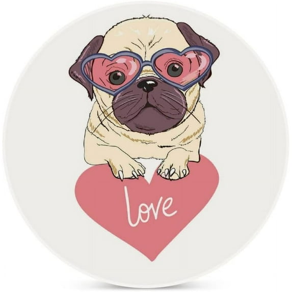 SKYSONIC Round Drink Coasters 2 Pcs Bulldog with Heart of Love Absorbent Ceramic Coaster with Cork Base for Coffee Cups for Home Decor