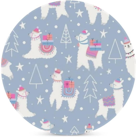 SKYSONIC Round Drink Coasters 6 Pcs Christmas Pattern with Llama Absorbent Ceramic Coaster with Cork Base for Coffee Cups for Home Decor