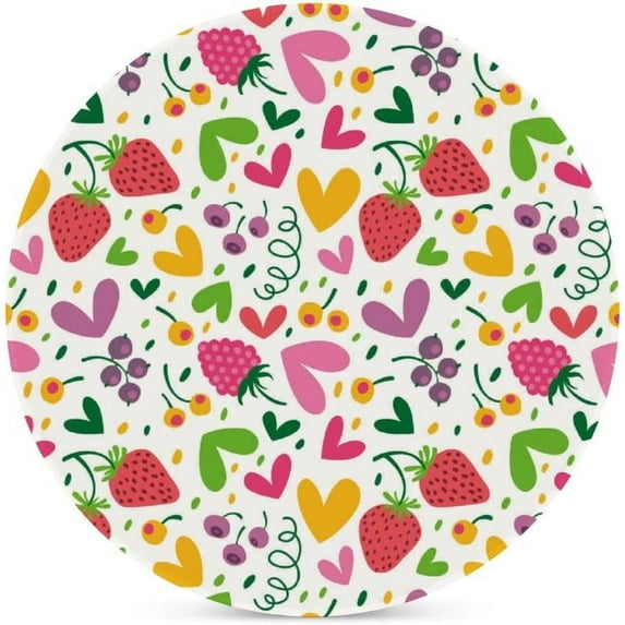 SKYSONIC Round Drink Coasters 6 Pcs Hearts Strawberries and Raspberries Absorbent Ceramic Coaster with Cork Base for Coffee Cups for Home Decor