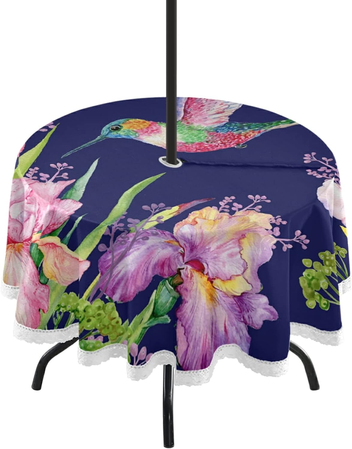 SKYSONIC Round Tablecloth 60In,Hummingbird Iris Flower Waterproof Table