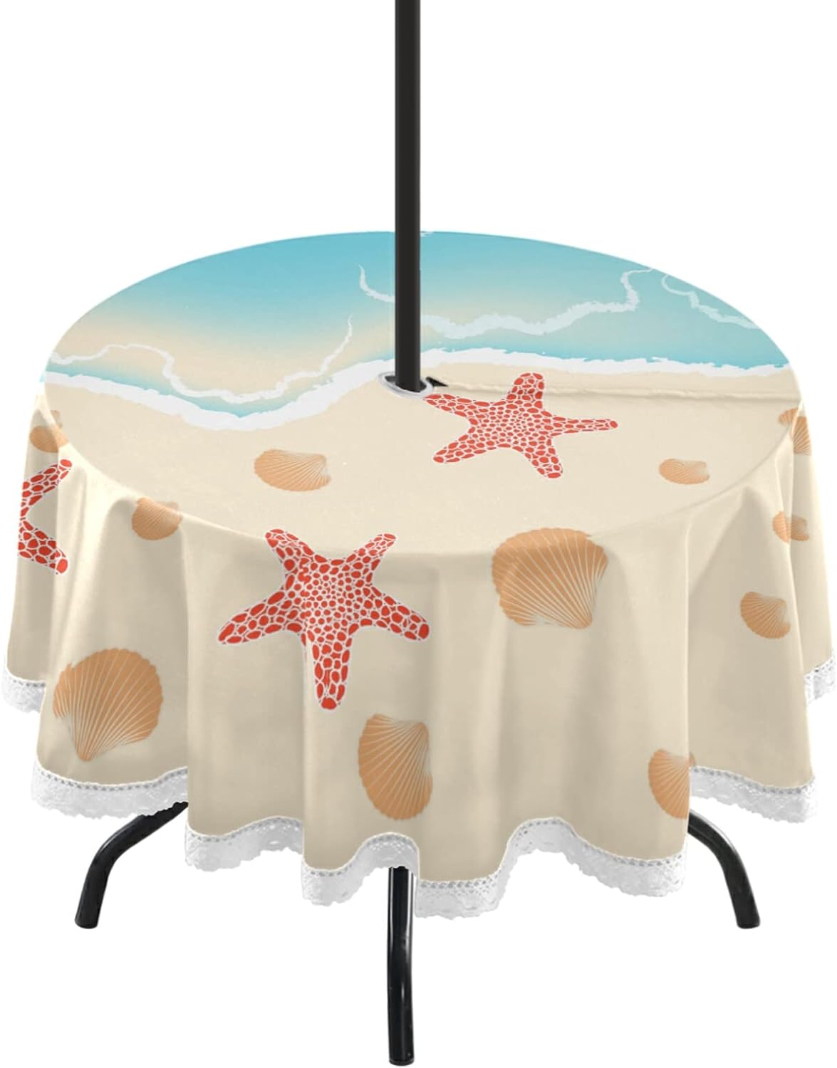 SKYSONIC Round Tablecloth 60In,Starfish and Shells on Sandy Beach