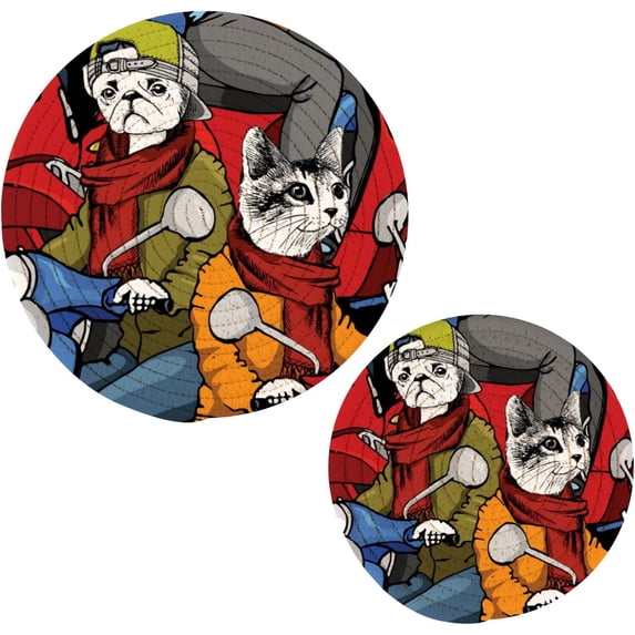 SKYSONIC Scooter Cat Dog Pot Holders Trivets, 2 Pcs Heat Resistant Trivets,Colorful Locomotive Pet Cotton Thread Weave Mats for Hot Pads Pans Pot Bowl Teapot for Kitchen Decor
