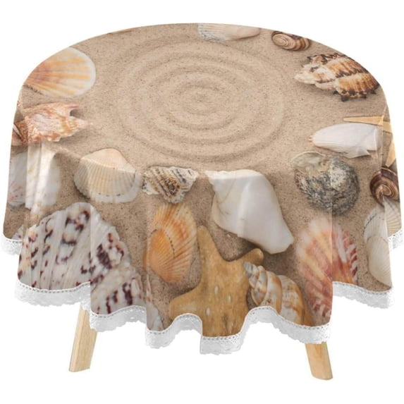 SKYSONIC Seashells Starfish Conch Round Tablecloth 60inch Indoor Wrinkle Free, Beach Sand Circle Circular Lace Table Cover Washable for Kitchen Party BBQ Dining Decor