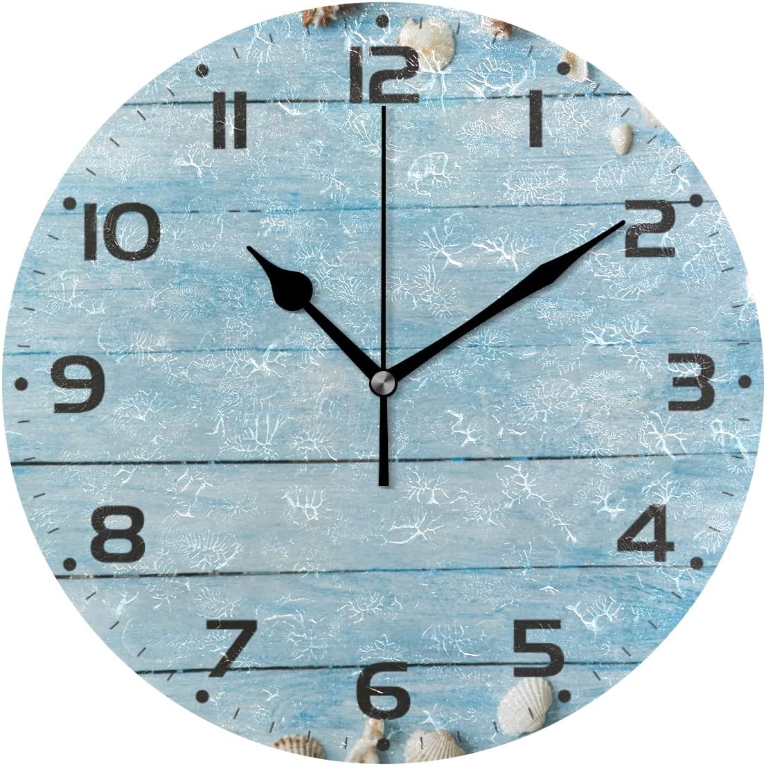 SKYSONIC Seashells on Wooden Planks Wall Clock 10 Inch Silent Non ...