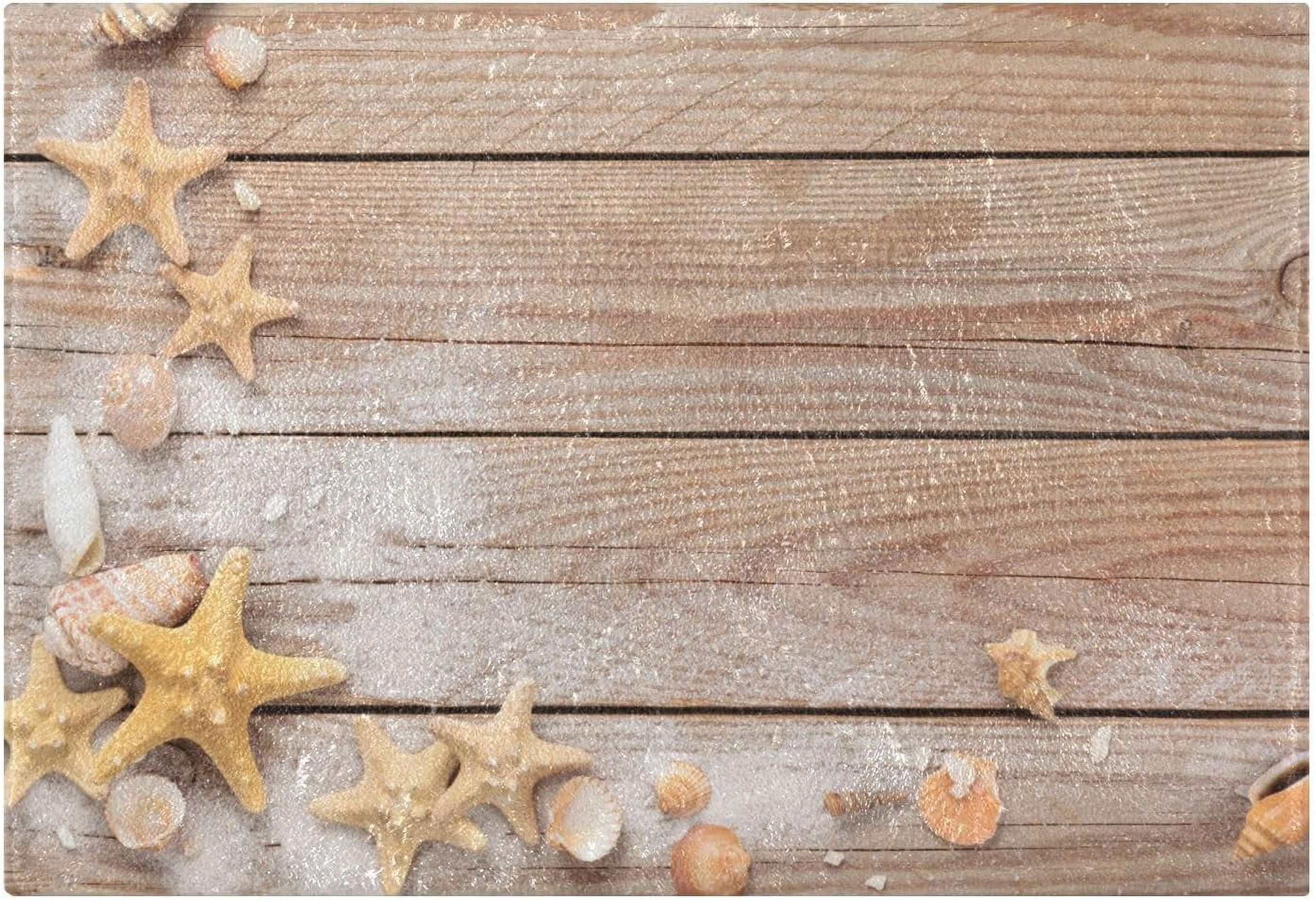 SKYSONIC Seashells on Wooden Bath Mat Set Soft High Absorbent Non Slip ...