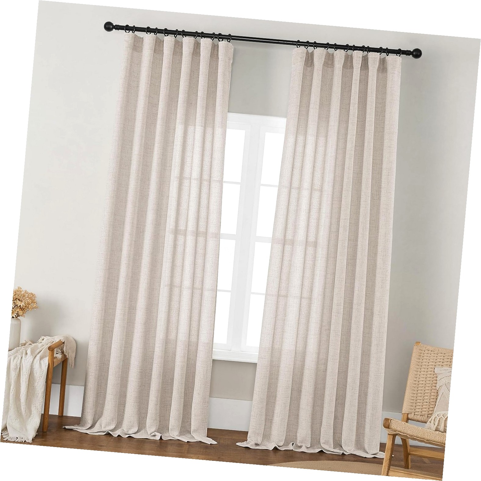 SKYSONIC Semi Sheer Linen Curtains 98 Inches Long Tan Beige Farmhouse
