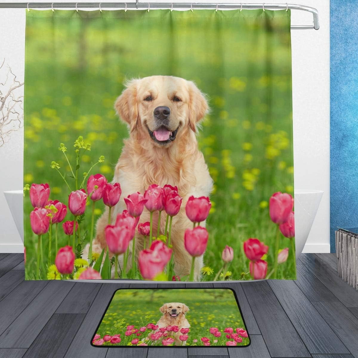 SKYSONIC Shower Curtain and Rug Set Golden Retriever Sitting Tulip