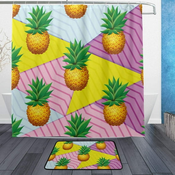 SKYSONIC Shower Curtain and Rug Set Pineapple On Geometrical Back Polyester Waterproof Bath Curtain and Mat for Bathroom with Hooks 72 x 72 Inches