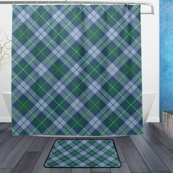 SKYSONIC Shower Curtain and Rug Set Tartan Seamless Pattern Polyester Waterproof Bath Curtain and Mat for Bathroom with Hooks 72 x 72 Inches