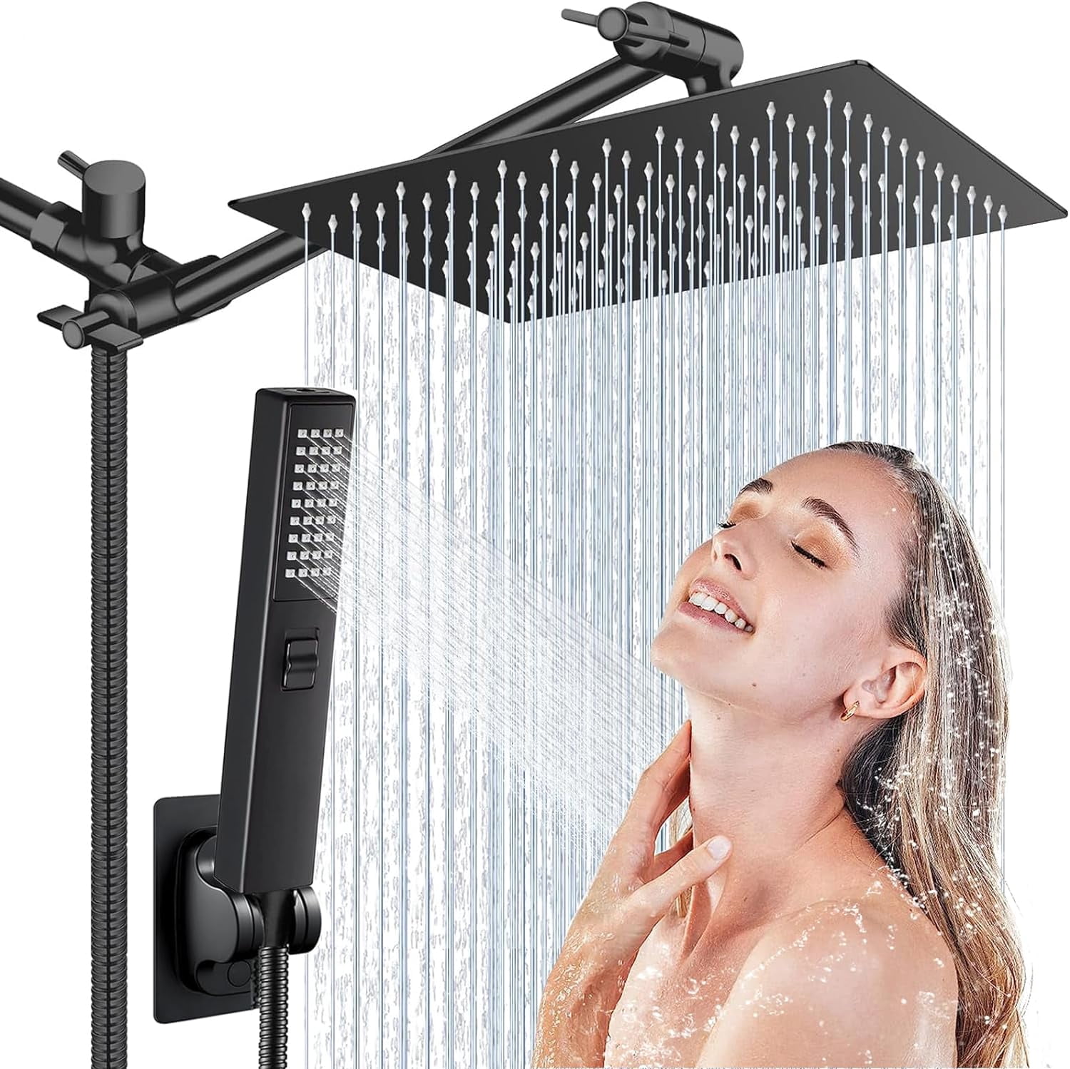 Rainfall Shower Head Combo - 13 Inch Black High Pressure Shower Head With Handheld, Extension Arm, 9+2 Spray Settings, Easy Install
