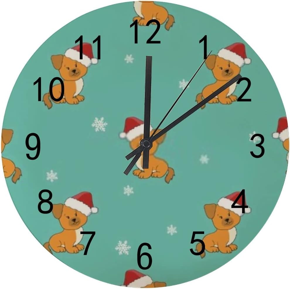 SKYSONIC Silent Wooden Round Wall Clock Christmas Cute Puppies in Santa