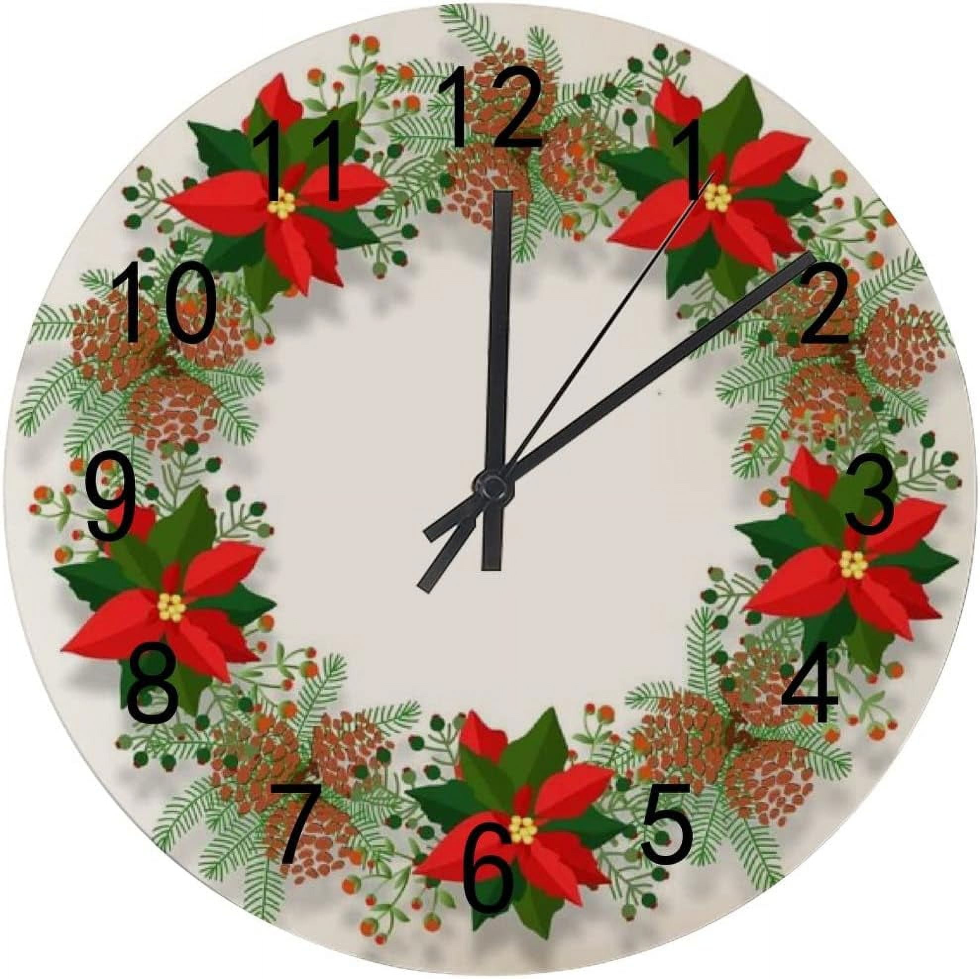 SKYSONIC Silent Wooden Round Wall Clock Christmas Wreath on White Non ...