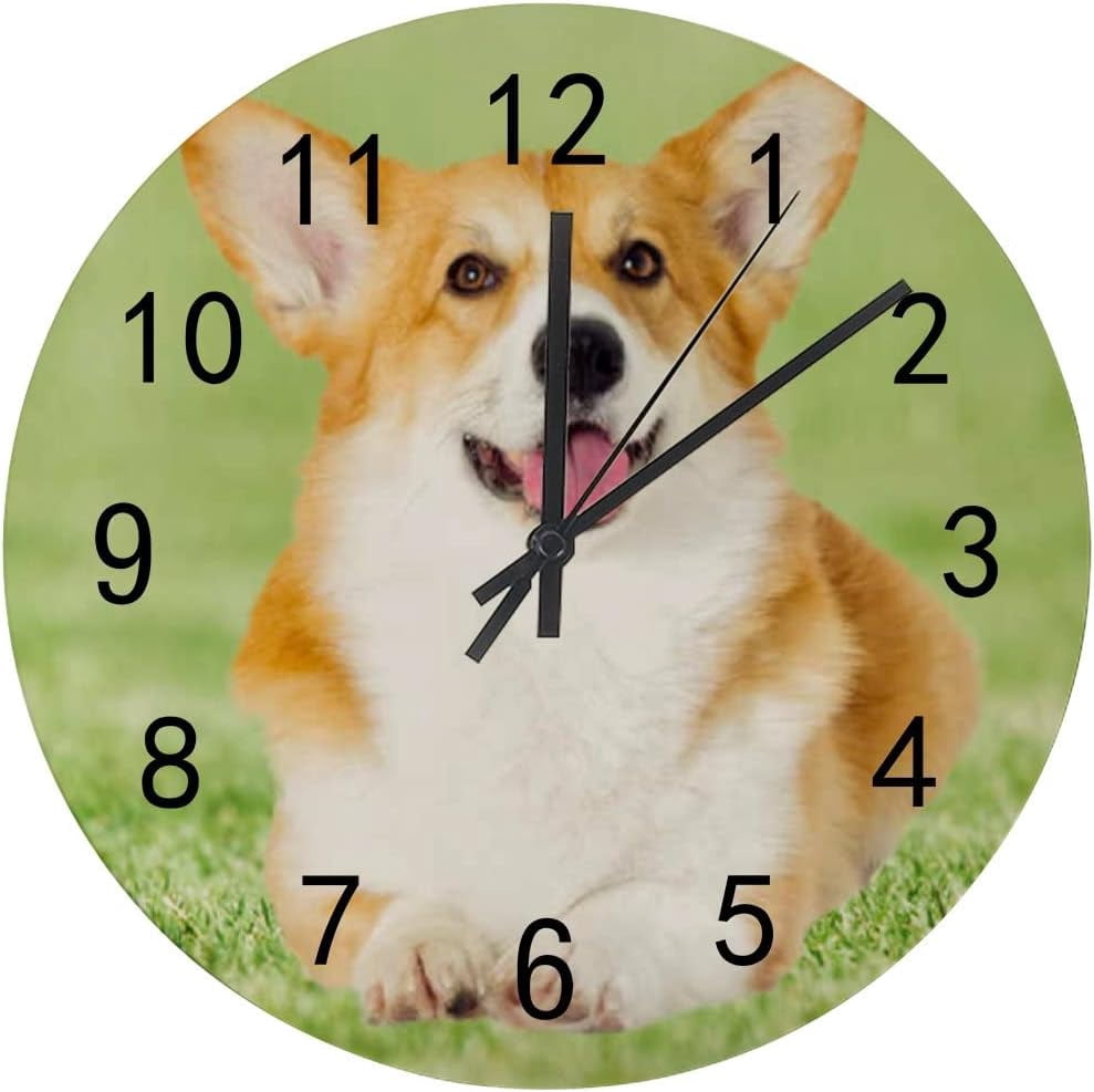 SKYSONIC Silent Wooden Round Wall Clock Cute Dog Lies on The Green ...
