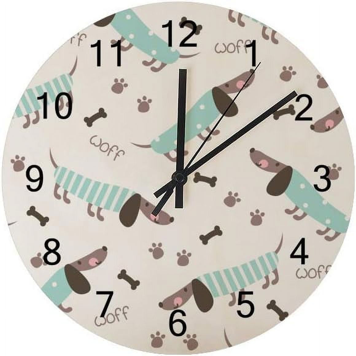 SKYSONIC Silent Wooden Round Wall Clock Dachshunds and Bones Non ...