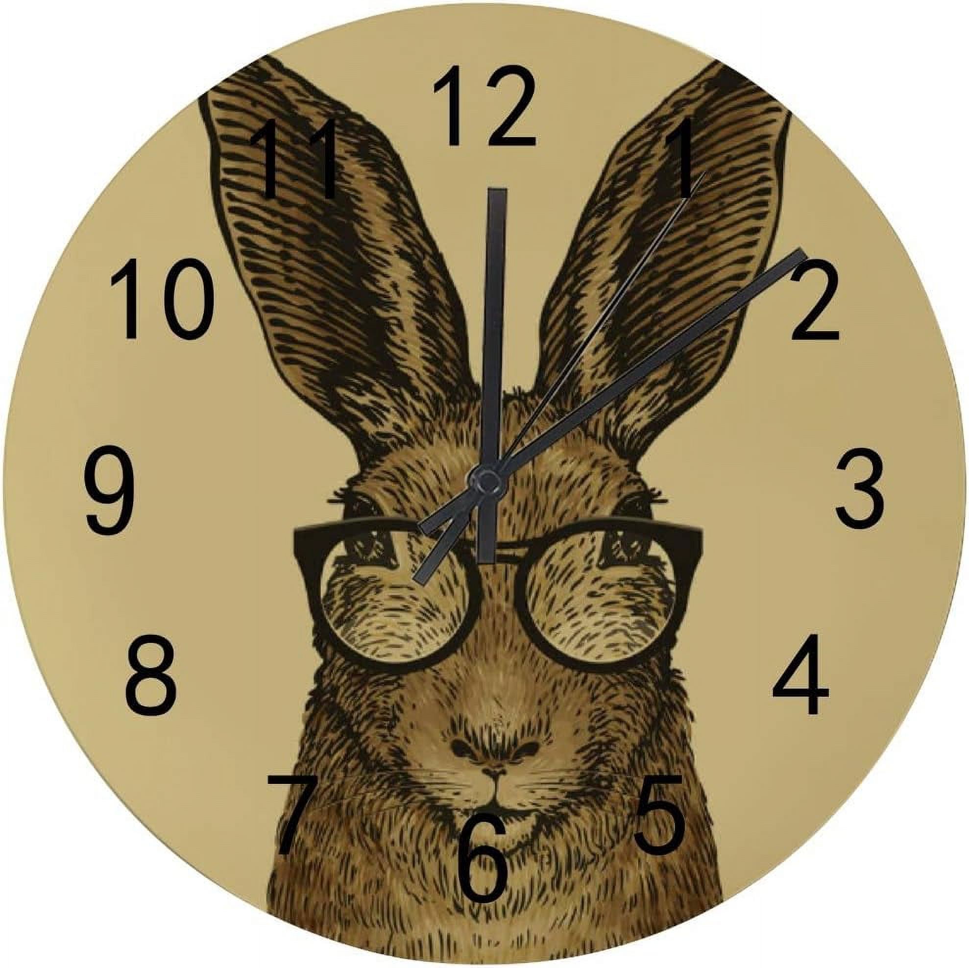 Eastern Rabbit Clock SKYSONIC Silent Wooden Round Wall Clock Easter Bunny with Glasses Non ...