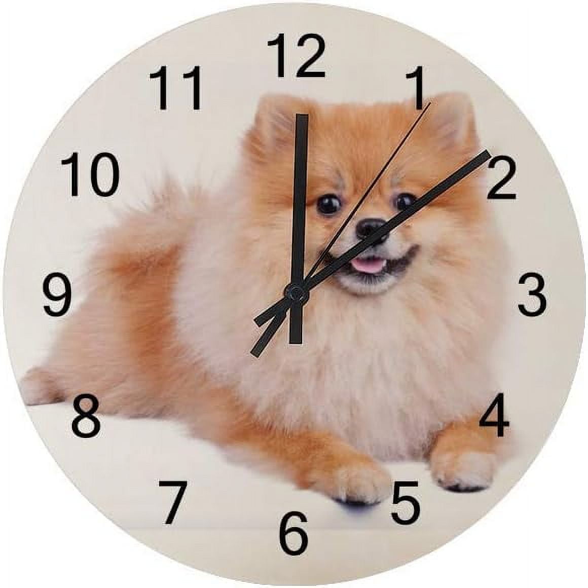 SKYSONIC Silent Wooden Round Wall Clock Happy Little Dog Non Ticking ...