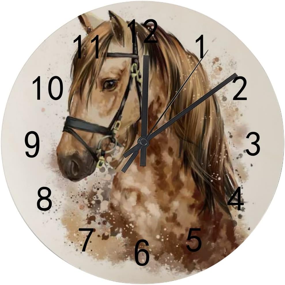 SKYSONIC Silent Wooden Round Wall Clock Horse Head Non Ticking Battery