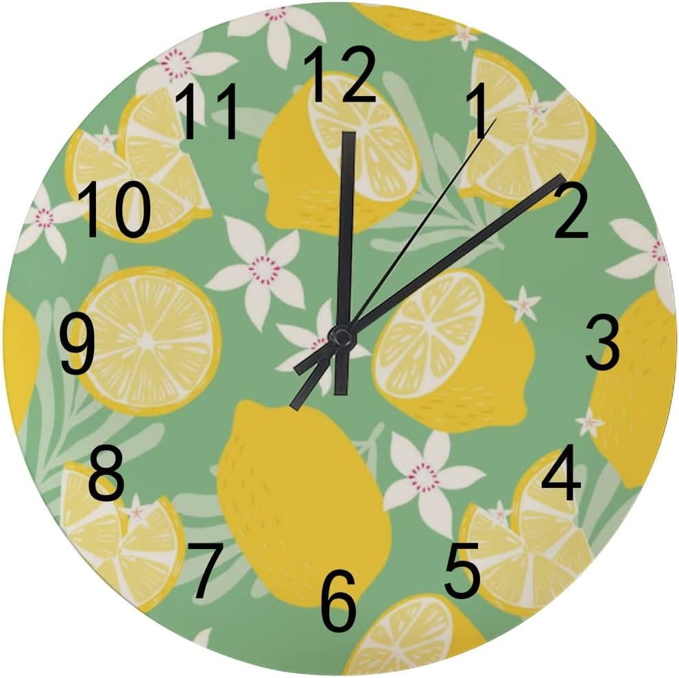 SKYSONIC Silent Wooden Round Wall Clock Lemons with Tropical Leaves and
