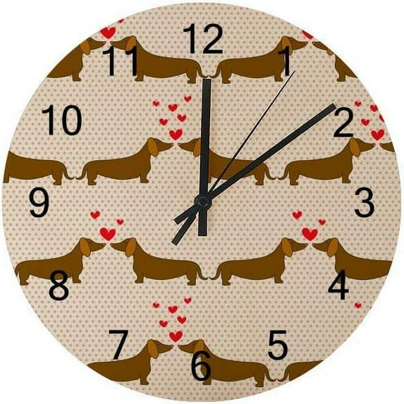 SKYSONIC Silent Wooden Round Wall Clock Lovely Dachshund Couples Non Ticking Battery Operated Clocks for Home Office Living Room Bedroom