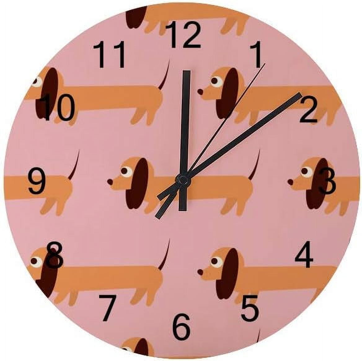 SKYSONIC Silent Wooden Round Wall Clock Lovely Dachshunds Non Ticking ...
