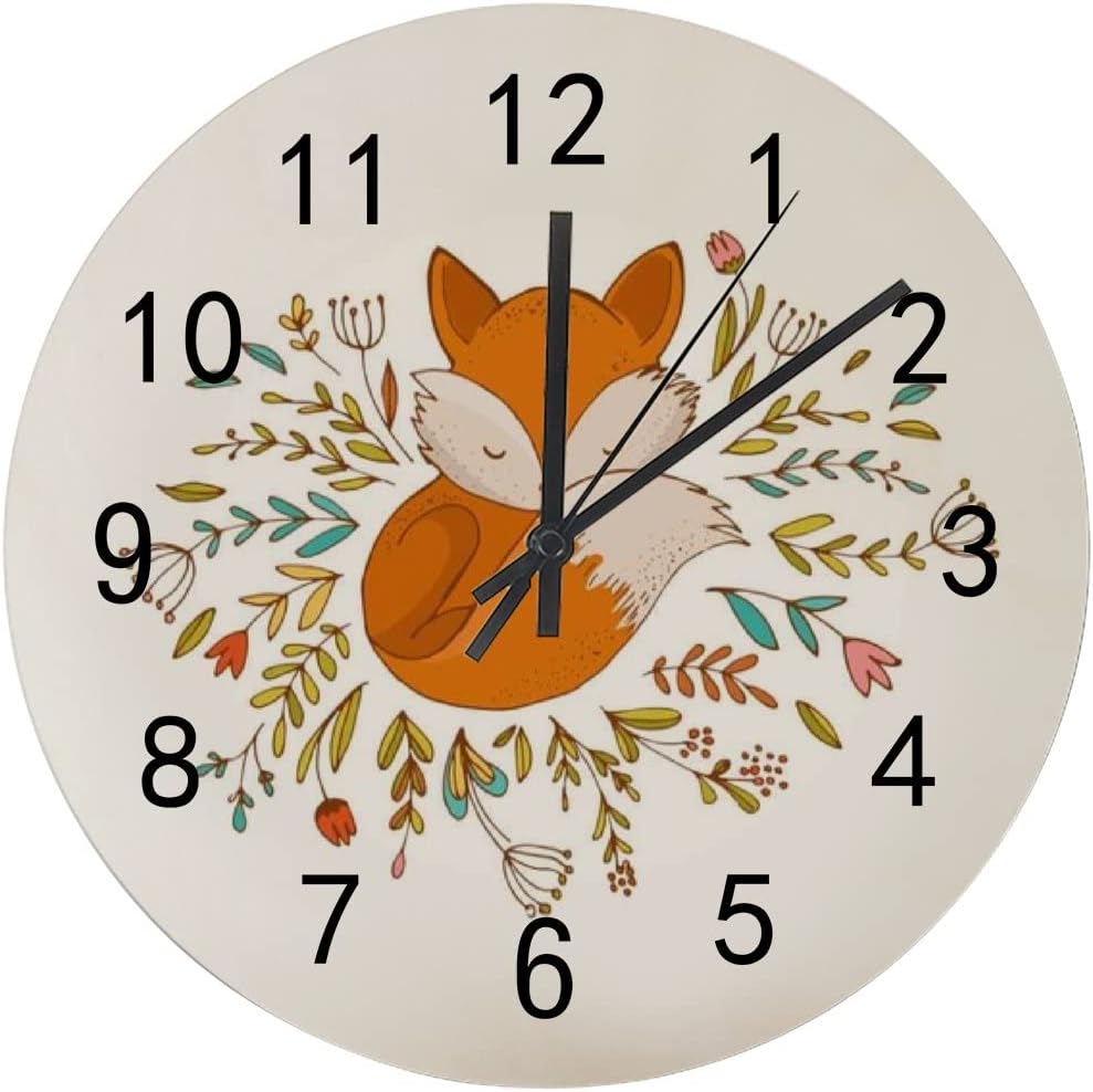 SKYSONIC Silent Wooden Round Wall Clock Sleeping Fox Non Ticking Battery Operated Clocks for
