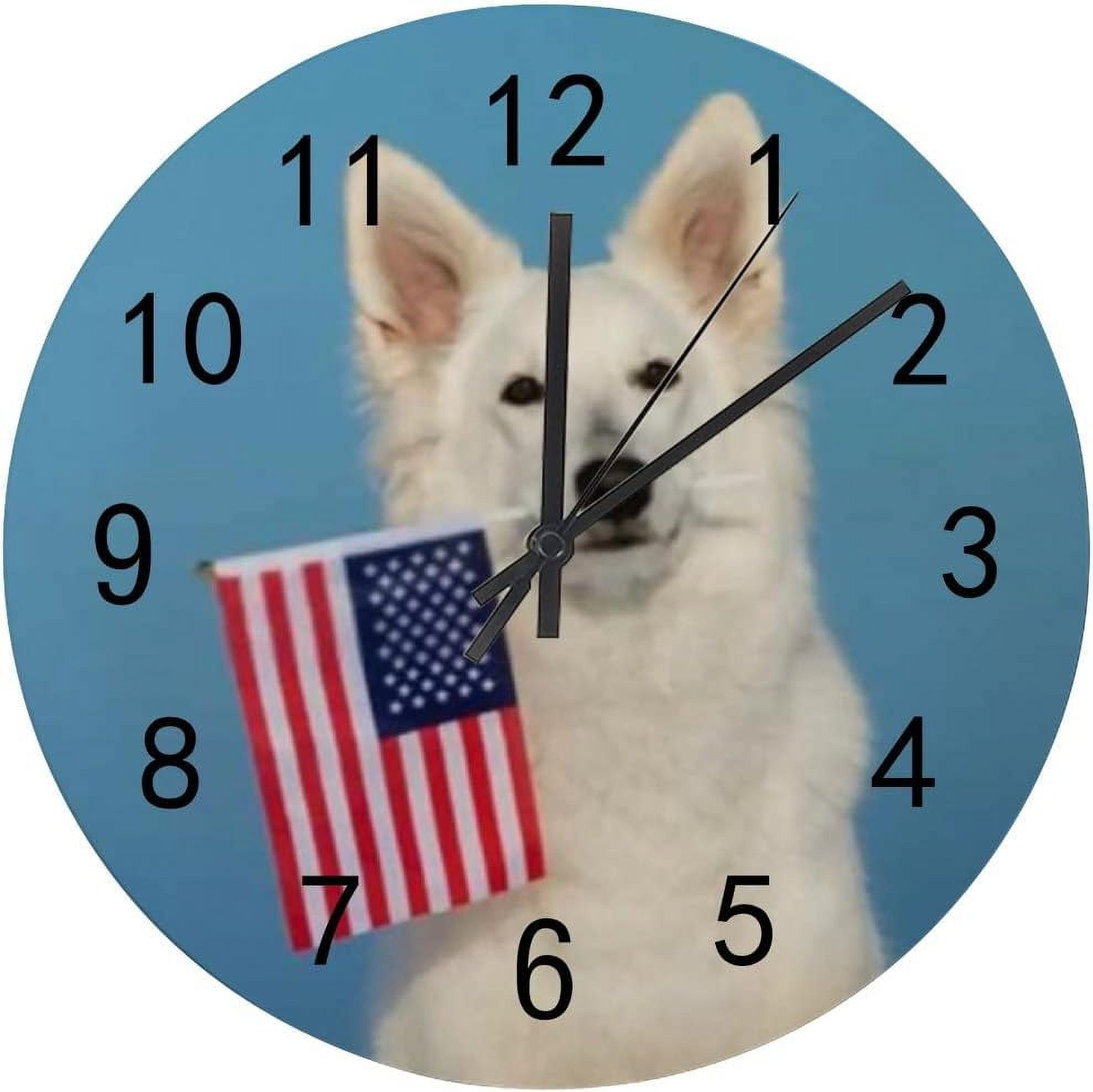 SKYSONIC Silent Wooden Round Wall Clock White Shepherd Dog Holding ...
