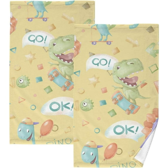 SKYSONIC Skating Dinosaurs Patterned Hand Towels 2 PCS, Cotton Bath Towel for Drying Face Hands Body ,Absorbent Lightweight Towels for Bathroom Ktichen Travel Gym, 16"x28"