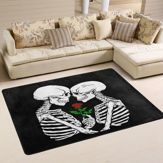 SKYSONIC Skeleton in Love Non-Slip Area Rug, Valentine's Day Black Floor Carpet Comfort Floor Mats Decor for Indoor Front Porch Living Room Bedroom Kitchen, 36"x24"