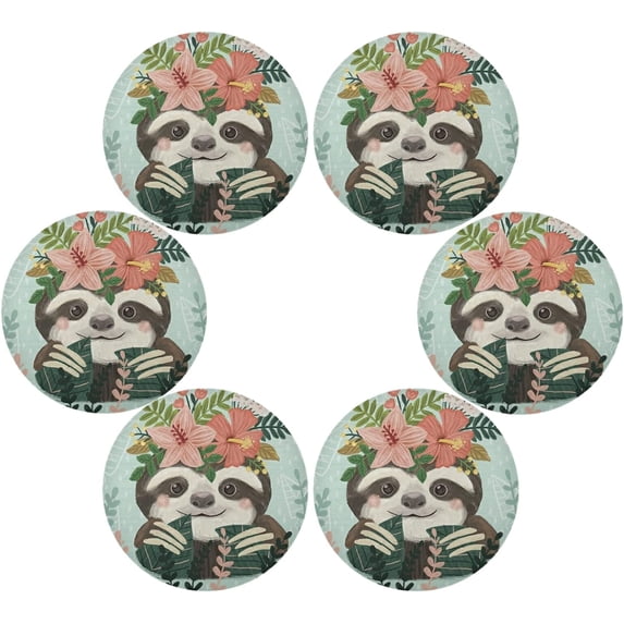 SKYSONIC Sloth Tropical Flower Round Placemats for Dining Table Non-Slip Heat-Resistant Polyester Table Mats Set of 6 Washable Table Mats for Kitchen Dining Table Decoration
