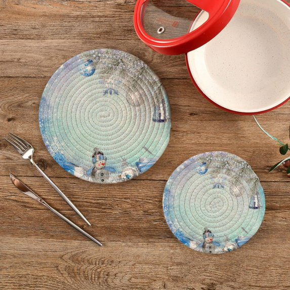 SKYSONIC Snowman Christmas Cute Pot Holders Trivets, 2 Pcs Heat Resistant Trivets,Winter Bauble Blue Cotton Thread Weave Mats for Hot Pads Pans Pot Bowl Teapot for Kitchen Decor