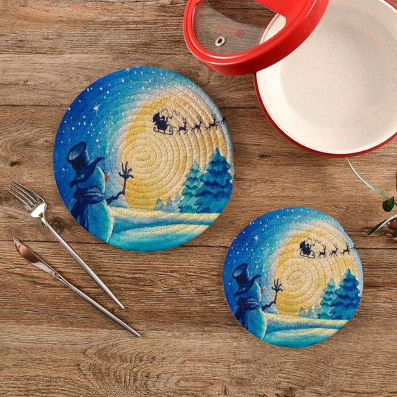 SKYSONIC Snowman Santa Moon Pot Holders Trivets, 2 Pcs Heat Resistant Trivets,Winter Snowscape Cotton Thread Weave Mats for Hot Pads Pans Pot Bowl Teapot for Kitchen Decor