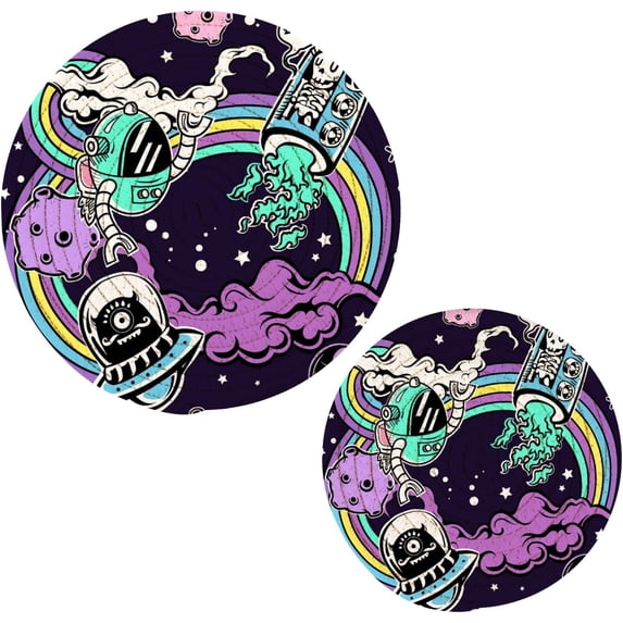 SKYSONIC Space Alien Robots Pot Holders Trivets, 2 Pcs Heat Resistant Trivets,Magic Rainbow Summer Cotton Thread Weave Mats for Hot Pads Pans Pot Bowl Teapot for Kitchen Decor