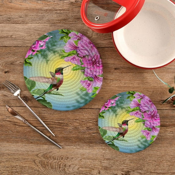 SKYSONIC Spring Hummingbird Flower Pot Holders Trivets, 2 Pcs Heat Resistant Trivets, Bird Floral Cotton Thread Weave Mats for Hot Pads Pans Pot Bowl Teapot for Kitchen Decor