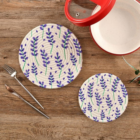 SKYSONIC Spring Purple Flower Pot Holders Trivets, 2 Pcs Heat Resistant Trivets,Watercolor Lavender Cotton Thread Weave Mats for Hot Pads Pans Pot Bowl Teapot for Kitchen Decor