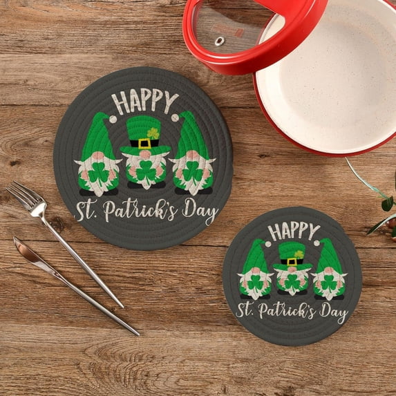 SKYSONIC St Patrick Day Gnome Pot Holders Trivets, 2 Pcs Heat Resistant Trivets,Shamrock Grey Cotton Thread Weave Mats for Hot Pads Pans Pot Bowl Teapot for Kitchen Decor