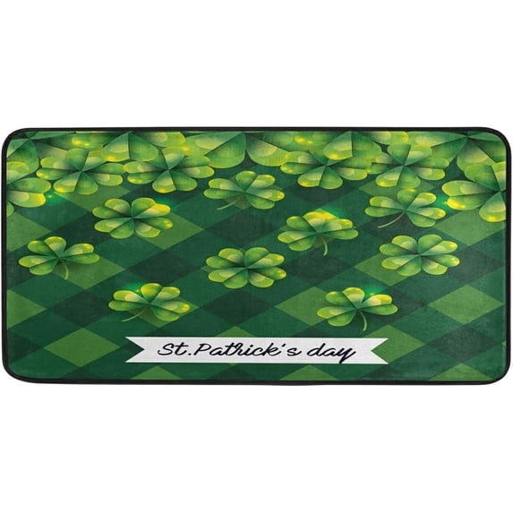 SKYSONIC St.Patrick's Day Kitchen Rugs and Mats,Beautiful Clover Leaves Shamrock Green Plaid Non Slip Washable Cushioned Carpets Polyester AntiFatigue Comfort Porch Mat Doormat for Washroom