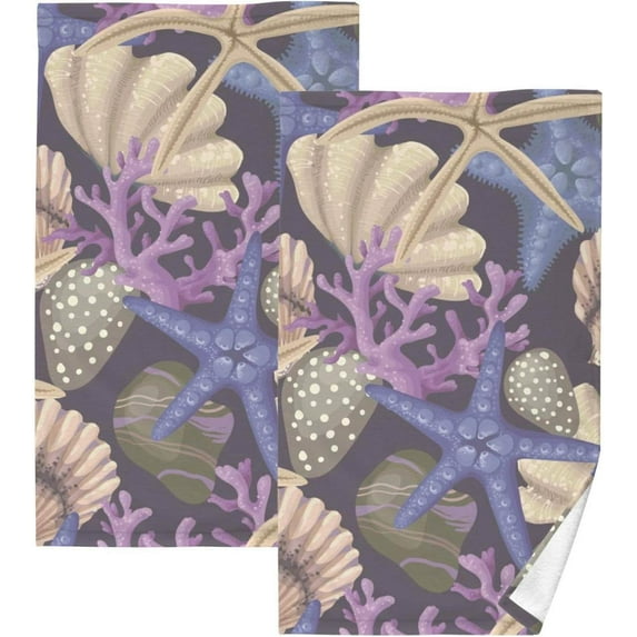 SKYSONIC Starfish Seashell Hand Towels 2 Pack, Cotton Bath Towel for Drying Face Hands Body ,Absorbent Lightweight Towels for Bathroom Ktichen Travel Gym, 16"x28"
