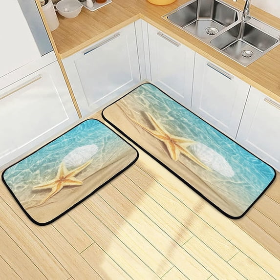 SKYSONIC Starfish Seashell Sea Water Kitchen Mats and Rugs Summer Beach Floor Runner Area Rug Washable Carpet Perfect for Living Room Bedroom Entryway,19.7"x27.6"+19.7"x47.2"