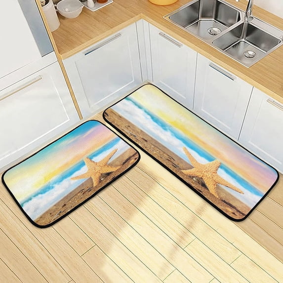 SKYSONIC Starfish Summer Beach Kitchen Mats and Rugs Ocean Wave Sunset Floor Runner Area Rug Washable Carpet Perfect for Living Room Bedroom Entryway,19.7"x27.6"+19.7"x47.2"