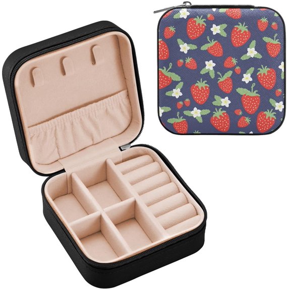 SKYSONIC Strawberry Travel Jewelry Box PU Leather Jewelry Organizer Ideal Gift for Women Girls, Portable Mini Jewelry Travel Case for Stud Earrings Rings Necklaces Bracelets