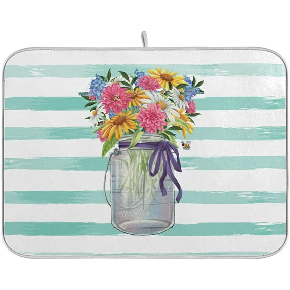 SKYSONIC Striped Spring Daisy Dish Drying Mat for Kitchen Counter Microfiber Absorbent Reversible Drying Pad Fast Dry Kitchen Accessories 16x18in