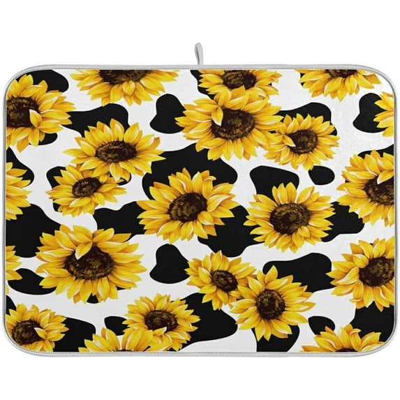 SKYSONIC Sunflower Cow Print Dish Drying Mat for Kitchen Counter Washable Absorbent Microfiber Dish Draining Mat Heat Resistant Drying Mat for Counter 16 x 18
