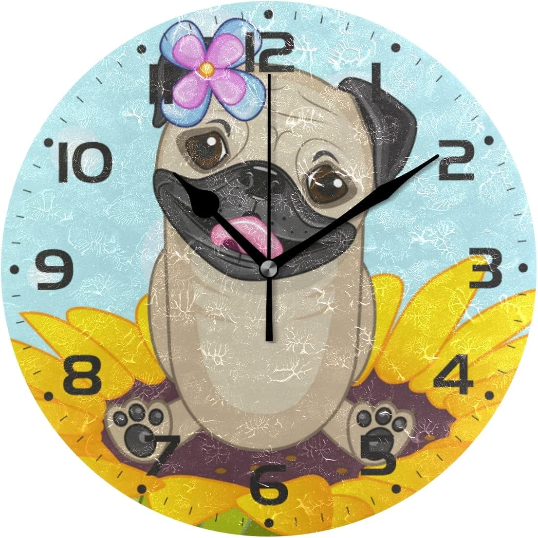 SKYSONIC Sunflower Dog Puppy Wall Clock 10 Inch Silent Non Ticking Round Clock Oil Painting